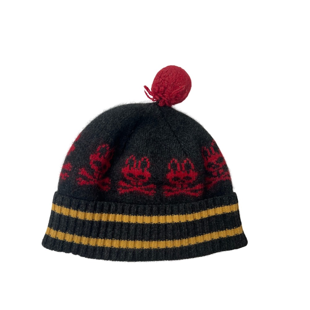 Psycho Bunny Wool Angora Beanie Hat Grey Red Skull Crossbones Made in UK Pom Pom